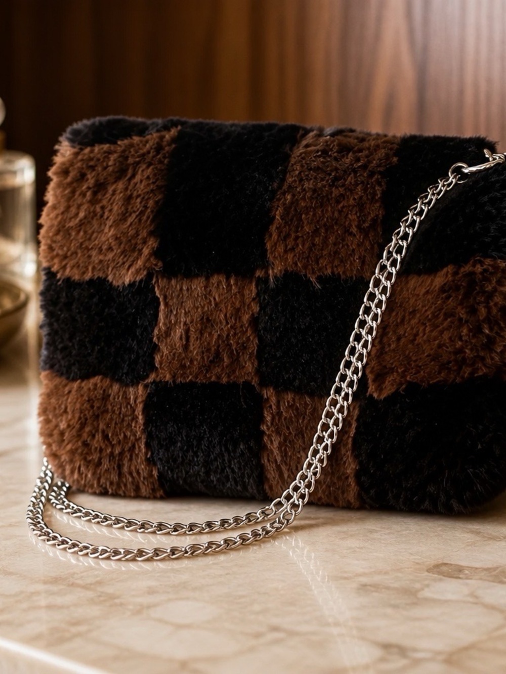 O bag Faux Fur Brown and Black Checkerboard Handbag
Retro Purse NWT